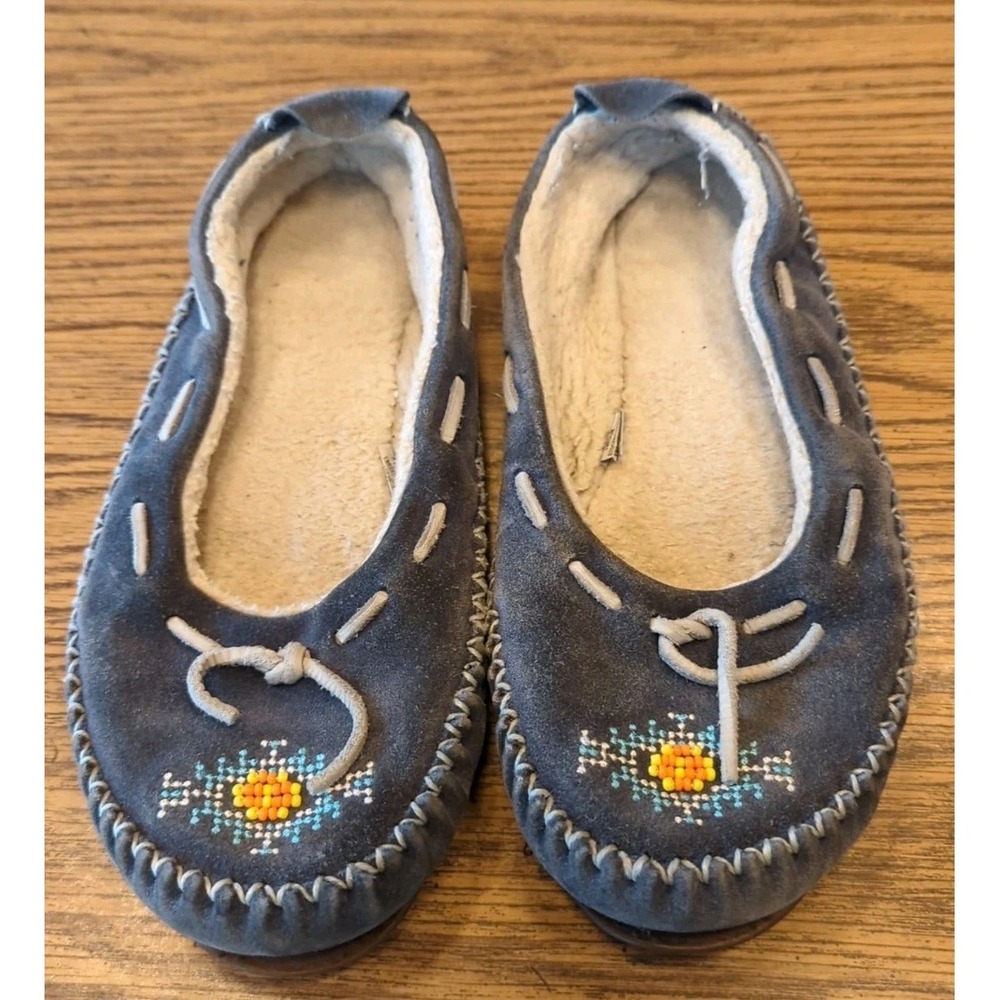 LL Bean Blue Beaded Moccasin Slippers Size 9 M Suede Fair Condition Cozy Cabin
